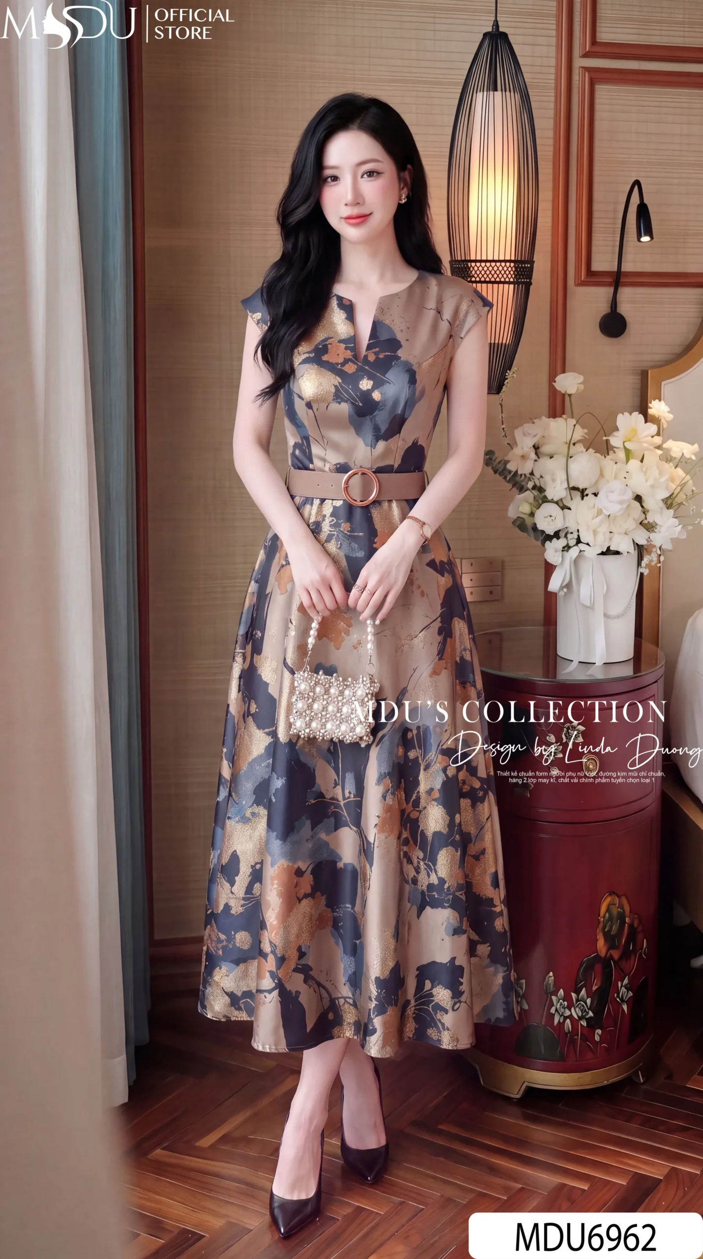 Váy Thiết Kế MDU6962 – Lụa Twist Satin Hoa Xanh Nâu, Đai Eo Đính Liền Tôn Dáng