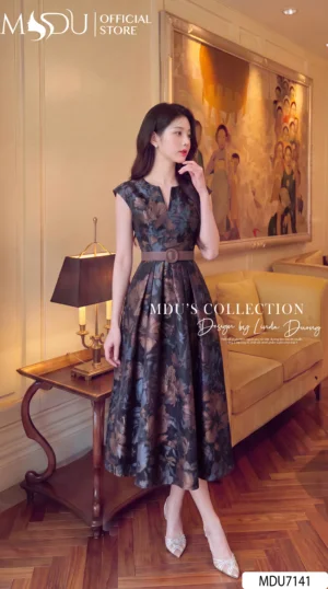 Alternative view of Váy Thiết Kế MDU7141 Lụa Twist Satin Xanh Trầm Họa Tiết Hoa, Thanh Lịch Và Duyên Dáng