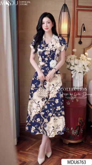 Váy Thiết Kế MDU6763 – Mango Ý Xanh Navy, Cổ Trắng Phối Bèo Rủ Và Hoa 3D Thanh Lịch