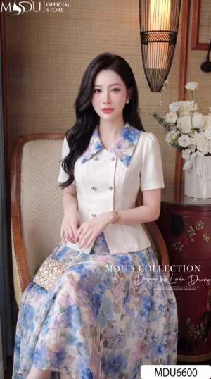 Alternative view of Set Thiết Kế MDU6600 – Chéo Tuyết Phối Mango Ý Hoa Xanh Pastel Thanh Lịch