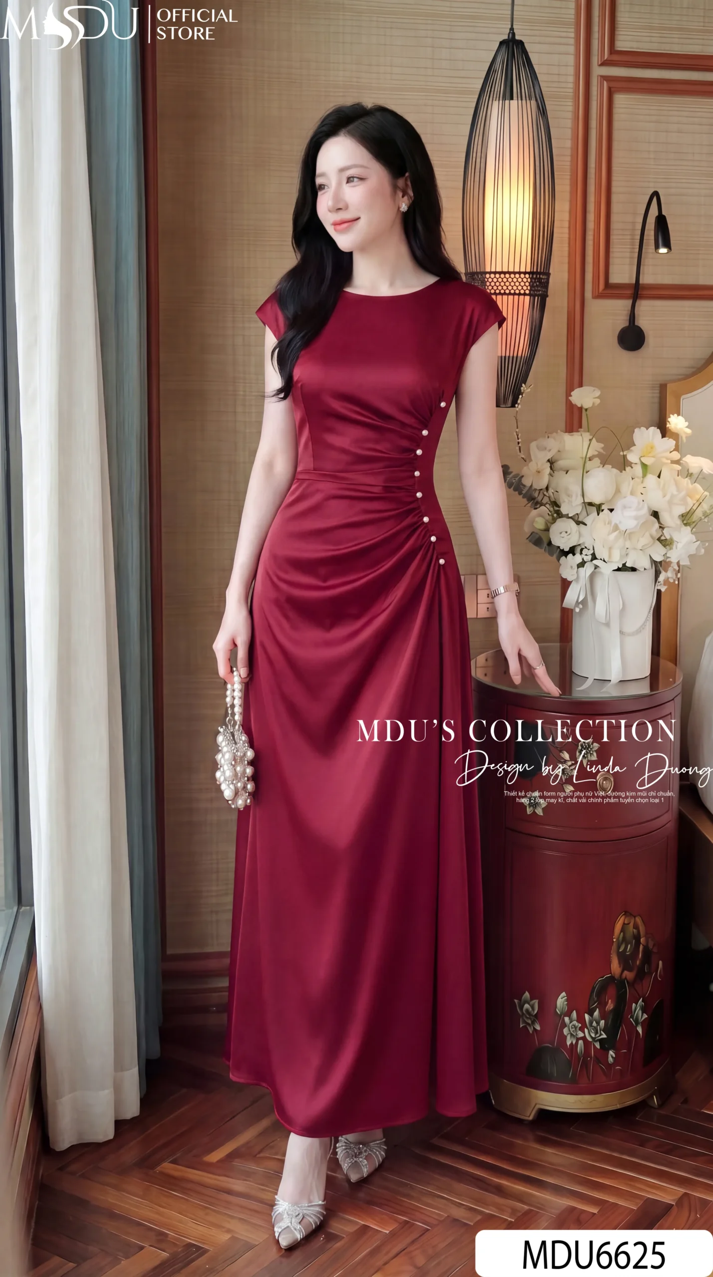 Váy Thiết Kế MDU6625 – Twist Satin Đỏ Đô, Nhún Eo Phối Hàng Ngọc Đính 23 Váy Thiết Kế MDU6625 – Twist Satin Đỏ Đô, Nhún Eo Phối Hàng Ngọc Đính