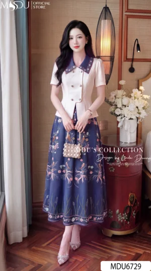 Set Thiết Kế MDU6729 – Chéo Tuyết Phối Tơ Óng Hàn Xanh Navy, Họa Tiết Hoa Cỏ Thanh Lịch