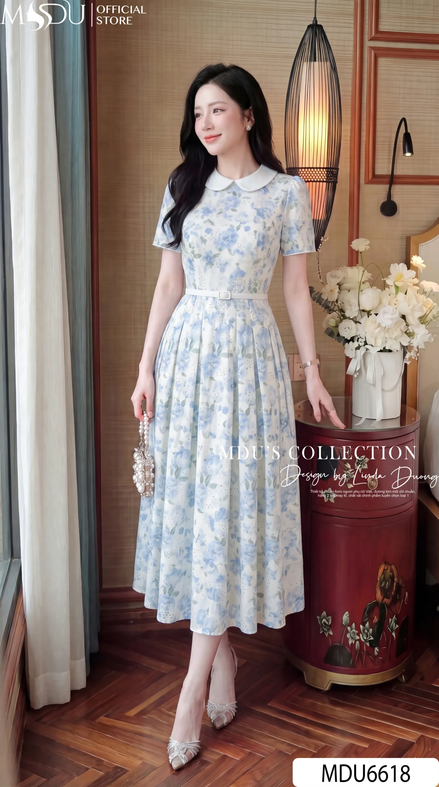 Váy Thiết Kế MDU6618 – Mango Ý Hoa Xanh Pastel, Cổ Sen Phối Đai Rời 27 Váy Thiết Kế MDU6618 – Mango Ý Hoa Xanh Pastel, Cổ Sen Phối Đai Rời