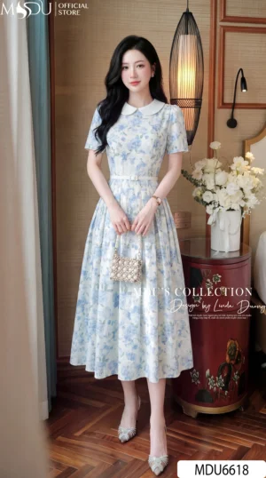 Váy Thiết Kế MDU6618 – Mango Ý Hoa Xanh Pastel, Cổ Sen Phối Đai Rời