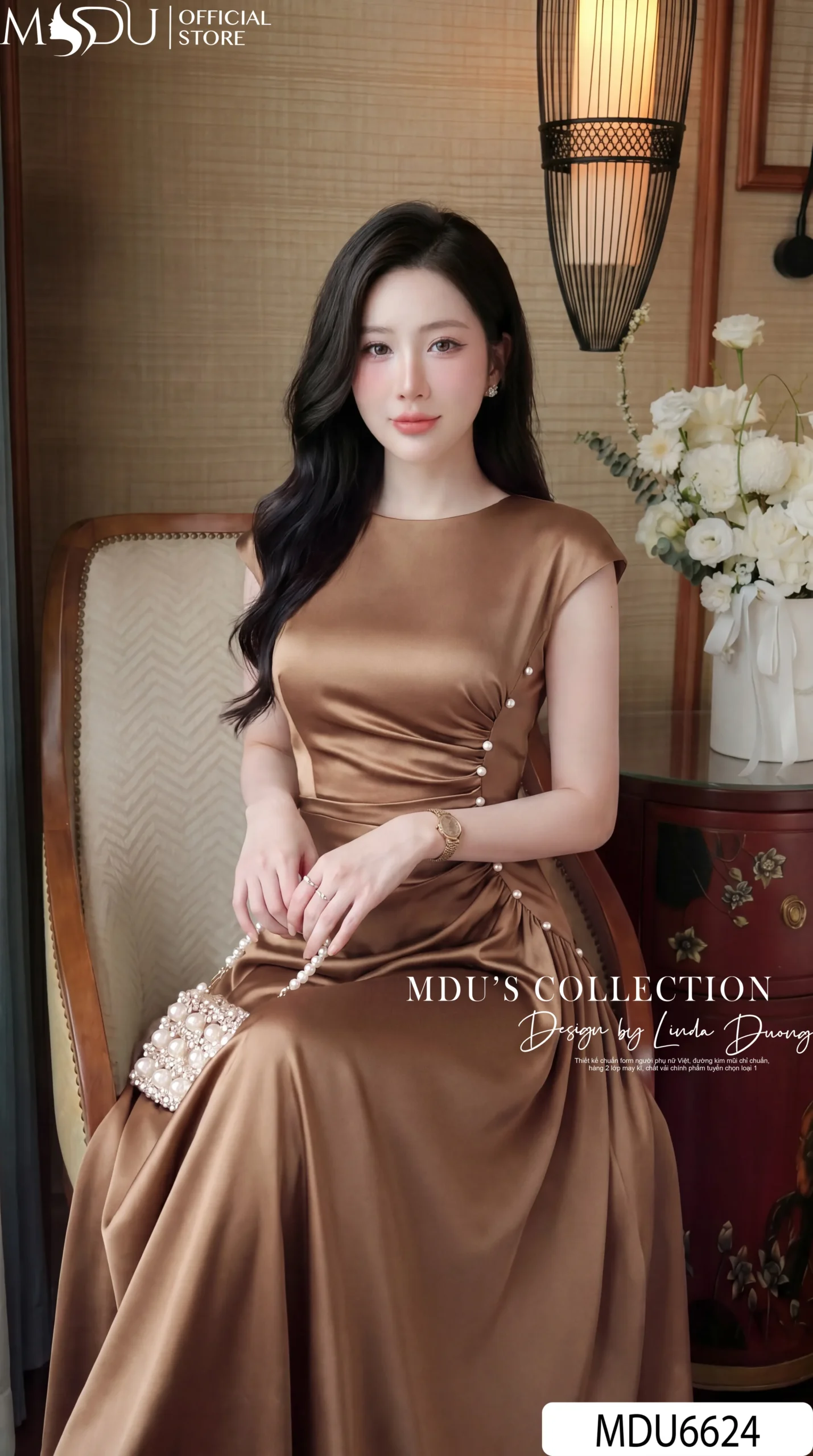 Váy Thiết Kế MDU6624 – Twist Satin Nâu, Nhún Eo Phối Hàng Ngọc Đính Thủ Công 5 Váy Thiết Kế MDU6624 – Twist Satin Nâu, Nhún Eo Phối Hàng Ngọc Đính Thủ Công - Ảnh 3