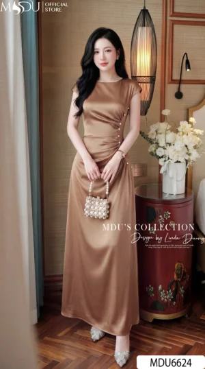 Váy Thiết Kế MDU6624 – Twist Satin Nâu, Nhún Eo Phối Hàng Ngọc Đính Thủ Công