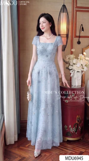 Alternative view of Váy Thiết Kế MDU6945 – Tuyn Thêu Họa Tiết Xanh Pastel, Dáng Xòe Công Chúa