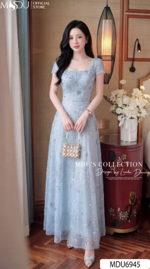 Váy Thiết Kế MDU6945 – Tuyn Thêu Họa Tiết Xanh Pastel, Dáng Xòe Công Chúa