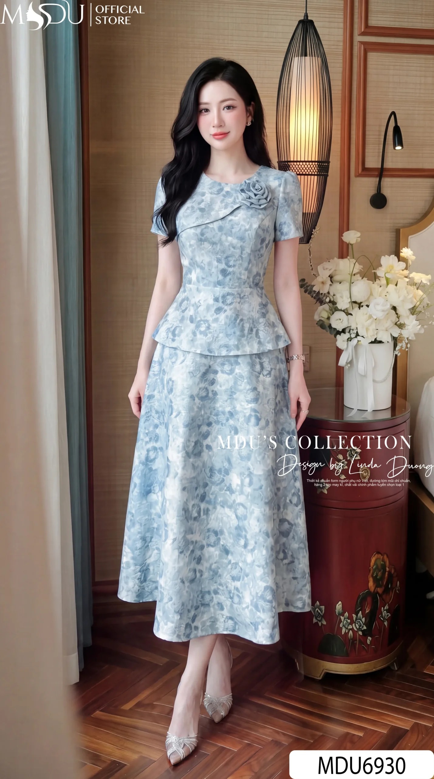 Váy Thiết Kế MDU6930 – Lụa Twist Satin Xanh Pastel Họa Tiết Hoa, Chiết Eo Tôn Dáng