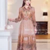 Váy Thiết Kế MDU6708 – Tơ Óng Hàn Nâu Trầm, Họa Tiết Hoa Phối Đai Liền Tôn Eo 11 Replacing outfit on model 4K 202608130912 8 11zon Mdu Fashion