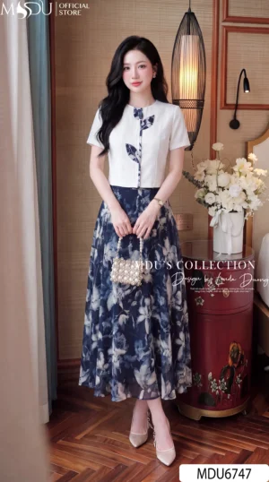 Set Thiết Kế MDU6747 – Tuyết Mưa Trắng Phối Twist Satin Xanh Navy Thanh Lịch