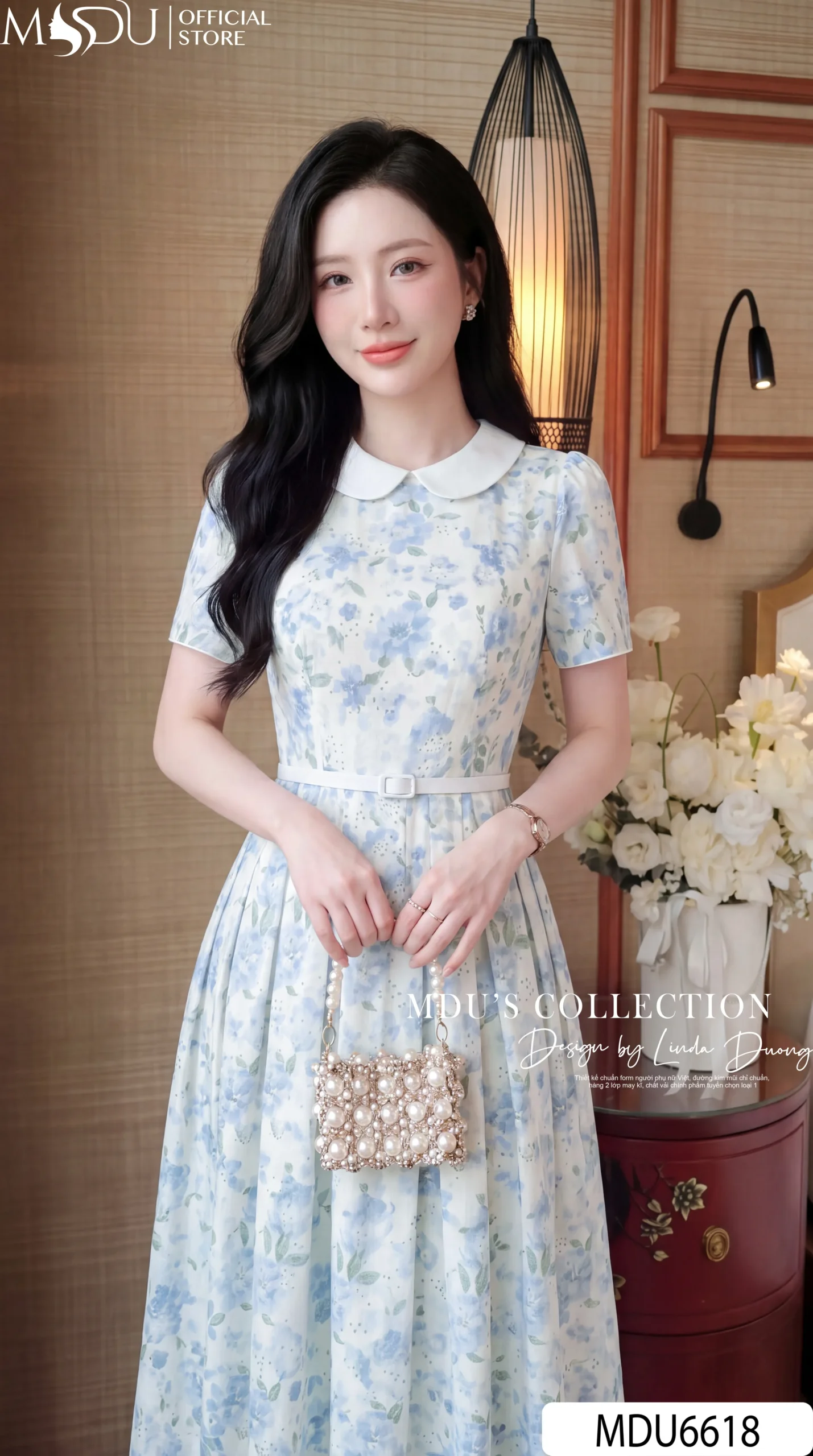 Váy Thiết Kế MDU6618 – Mango Ý Hoa Xanh Pastel, Cổ Sen Phối Đai Rời 6 Váy Thiết Kế MDU6618 – Mango Ý Hoa Xanh Pastel, Cổ Sen Phối Đai Rời - Ảnh 4