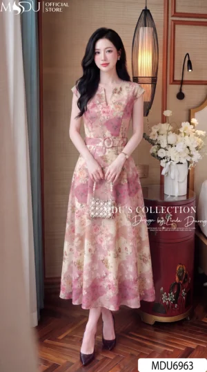 Váy Thiết Kế MDU6963 – Lụa Twist Satin Hồng Pastel Hoa Đa Sắc, Đai Eo Đính Liền