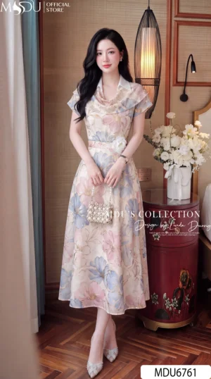 Váy Thiết Kế MDU6761 – Mango Ý Hoa Pastel, Bèo Rủ Phối Hoa 3D Đậm Nét Tiểu Thư