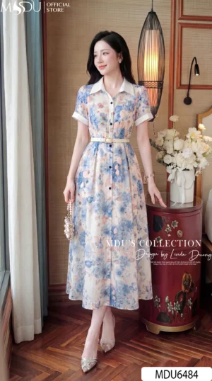 Alternative view of Váy Thiết Kế MDU6484 – Tơ Óng Hàn Kem Hồng, Họa Tiết Phong Cảnh Xanh Pastel Thanh Lịch