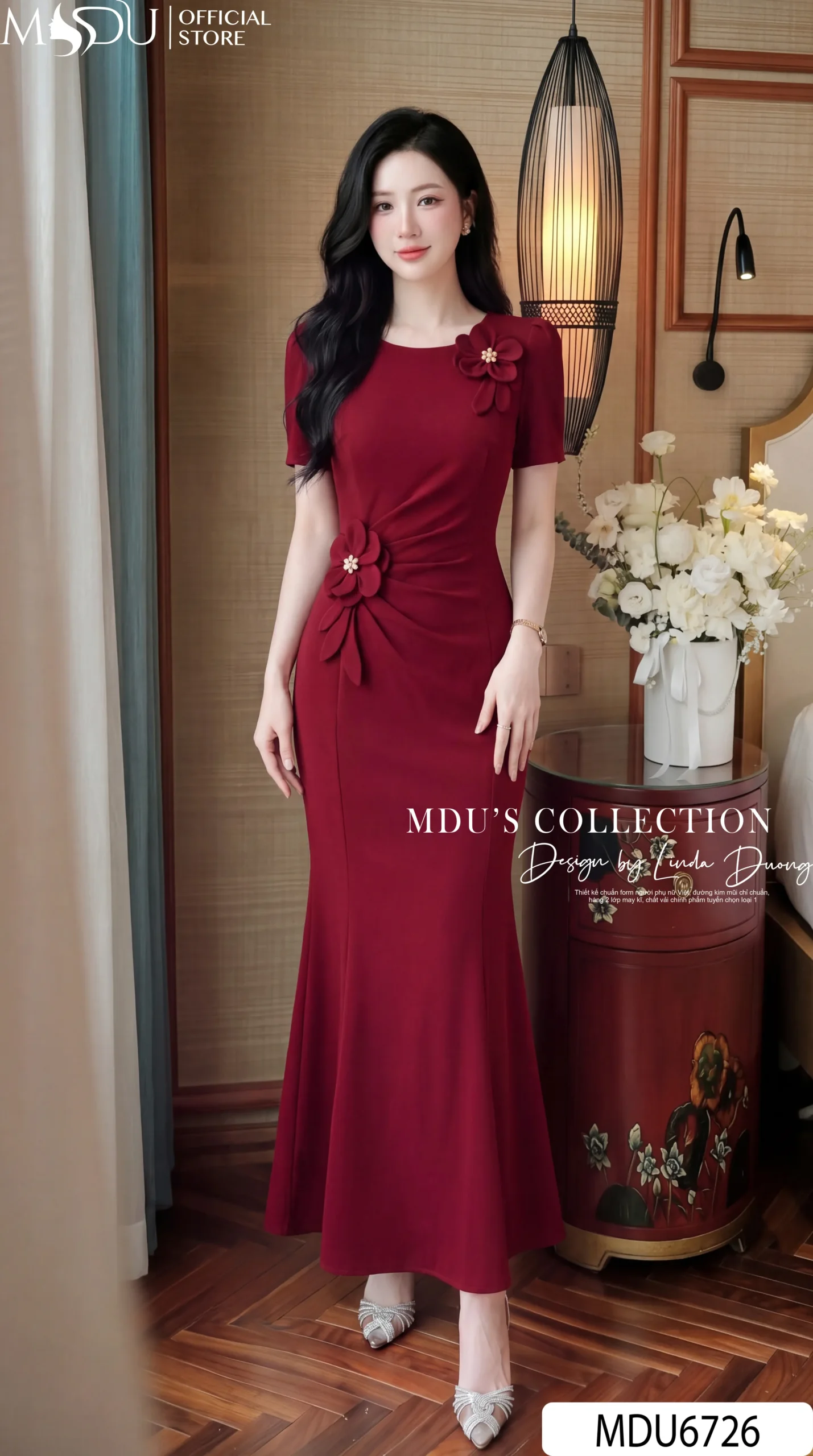 Váy Thiết Kế MDU6726 – Xleo Hàn Đỏ Đô, Dáng Đuôi Cá Phối Hoa 3D Thủ Công