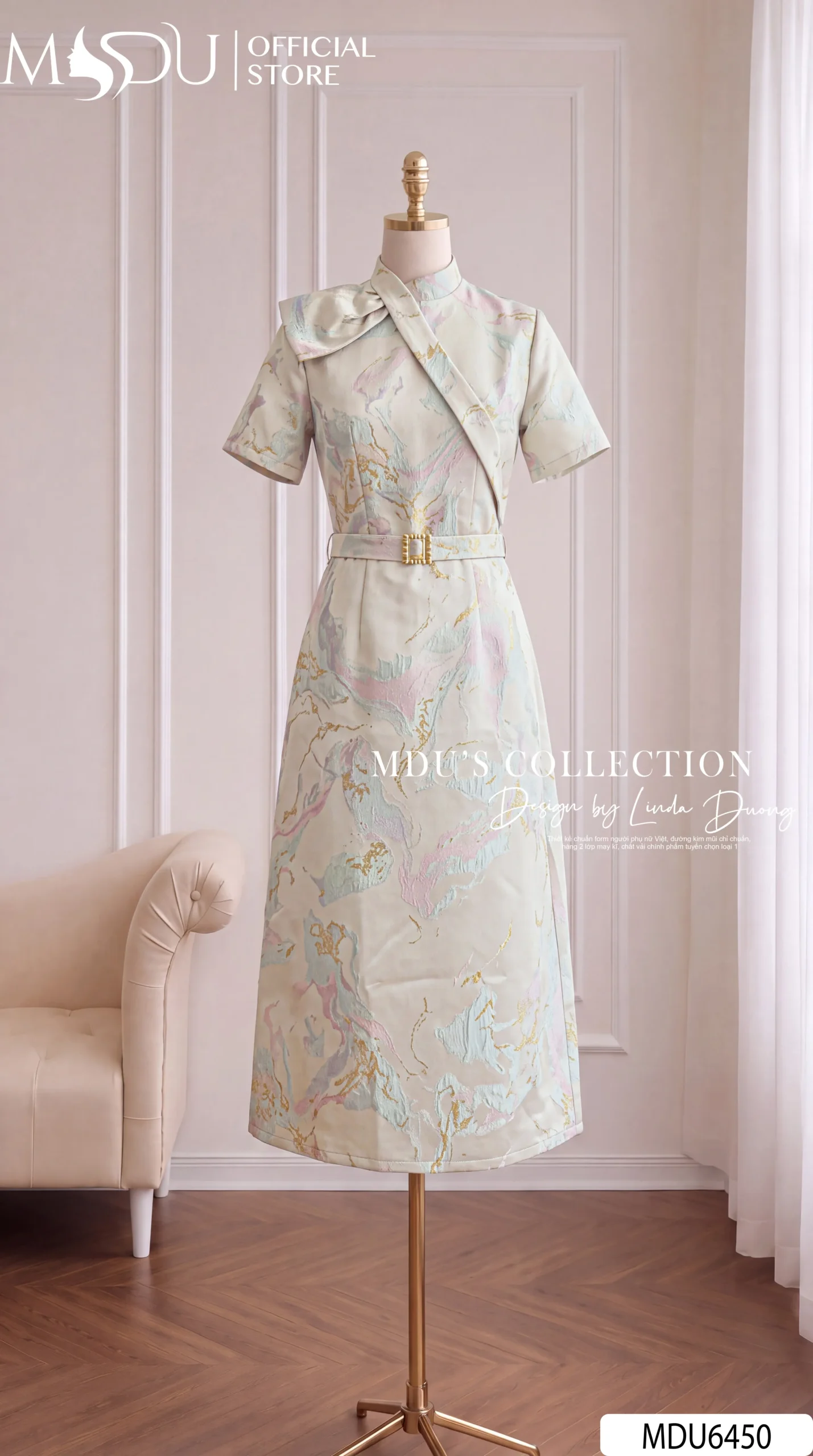Váy Thiết Kế MDU6450 – Gấm Luxury Jacquard Kem Loang, Cổ Cao Đính Nơ Lớn Quý Phái 10 Váy Thiết Kế MDU6450 – Gấm Luxury Jacquard Kem Loang, Cổ Cao Đính Nơ Lớn Quý Phái - Ảnh 8
