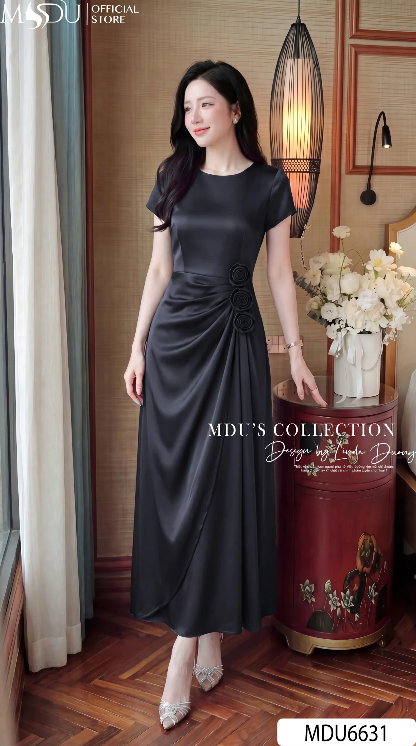 Váy Thiết Kế MDU6631 – Twist Satin Đen, Hoa Thủ Công Phối Tùng Cách Điệu Sang Trọng 29 Váy Thiết Kế MDU6631 – Twist Satin Đen, Hoa Thủ Công Phối Tùng Cách Điệu Sang Trọng