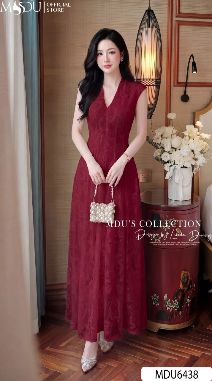 Váy Thiết Kế MDU6438 Ren Hoa Nổi Đỏ Đô Dáng Xòe Dài, Yêu Kiều Và Cuốn Hút 25 Váy Thiết Kế MDU6438