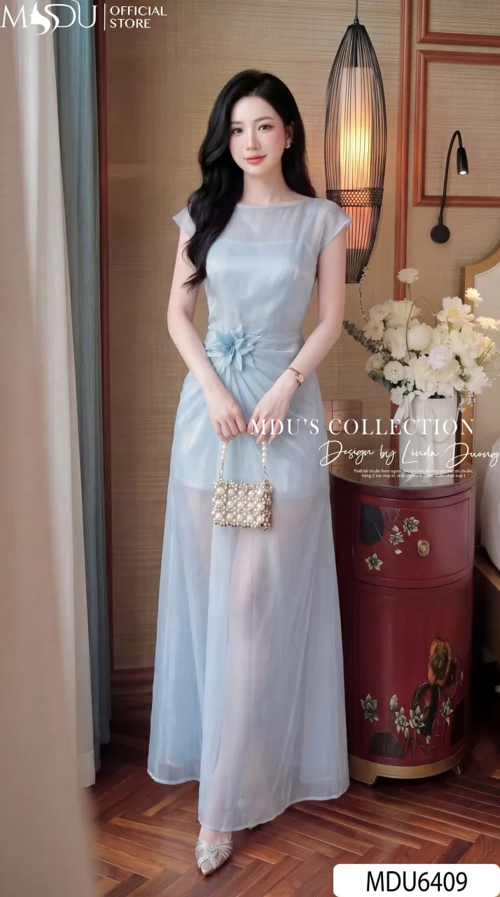 Váy Thiết Kế MDU6409 Tơ Óng Hàn Xanh Pastel Dáng Dài, Dịu Dàng Và Thanh Thoát Đầy Yêu Kiều 25 Váy Thiết Kế MDU6409