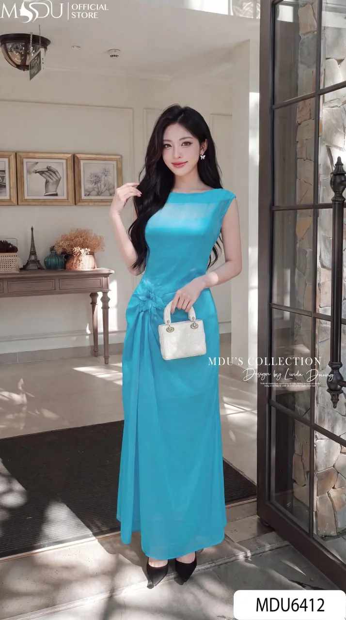 Váy Thiết Kế MDU6412 Tơ Óng Hàn Xanh Dương Dáng Dài, Thướt Tha Và Thanh Nhã Đầy Cuốn Hút 25 Váy Thiết Kế MDU6412