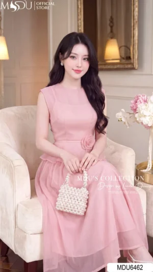 Alternative view of Váy Thiết Kế MDU6462 Tơ Óng Hàn Hồng Phấn Dáng Peplum, Dịu Dàng Và Tôn Dáng