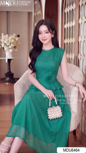 Alternative view of Váy Thiết Kế MDU6464 Tơ Óng Hàn Xanh Ngọc Dáng Peplum, Tôn Eo Và Quý Phái
