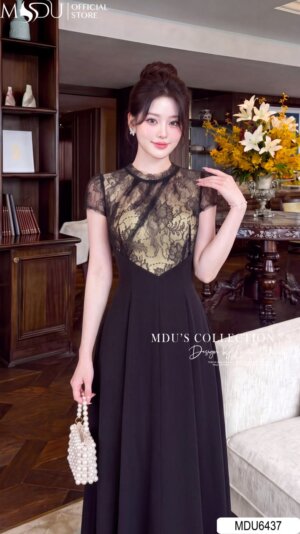 Alternative view of Váy Thiết Kế MDU6437 Ren Hoa Nổi Phối Gold Nhật Sắc Đen, Quý Phái Và Duyên Dáng