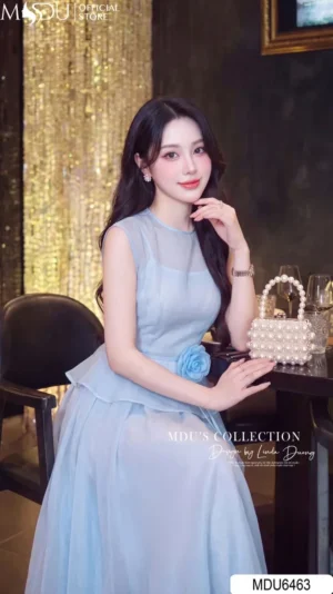 Alternative view of Váy Thiết Kế MDU6463 Tơ Óng Hàn Xanh Pastel Dáng Peplum, Thanh Thoát Và Tôn Eo Duyên Dáng