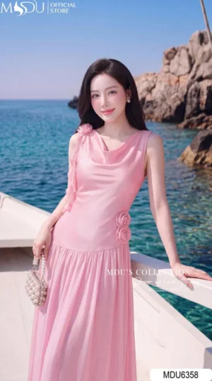 Alternative view of Váy Thiết Kế MDU6358 Lụa Satin Phối Tơ Óng Hàn Dáng Liền Thanh Lịch Hoa Tơ Thủ Công Tinh Xảo