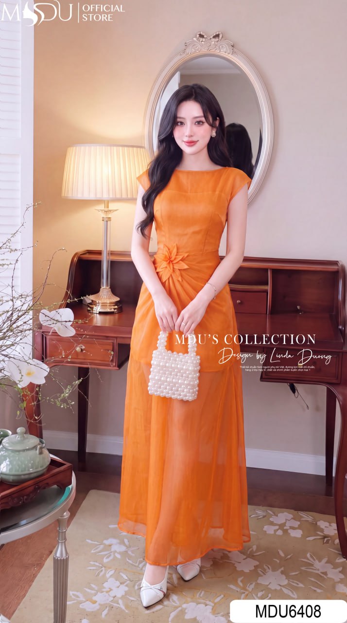 Váy Thiết Kế MDU6408 Tơ Óng Hàn Dáng Dài Màu Cam Ấm Áp, Thanh Lịch Và Nữ Tính 25 Váy Thiết Kế MDU6408 Tơ Óng Hàn Dáng Dài Màu Cam Ấm Áp, Thanh Lịch Và Nữ Tính