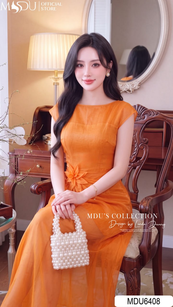 Váy Thiết Kế MDU6408 Tơ Óng Hàn Dáng Dài Màu Cam Ấm Áp, Thanh Lịch Và Nữ Tính 5 Váy Thiết Kế MDU6408 Tơ Óng Hàn Dáng Dài Màu Cam Ấm Áp, Thanh Lịch Và Nữ Tính - Ảnh 3