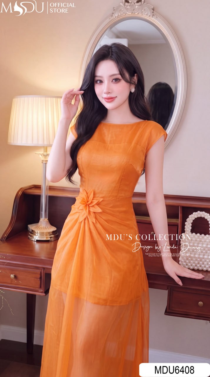 Váy Thiết Kế MDU6408 Tơ Óng Hàn Dáng Dài Màu Cam Ấm Áp, Thanh Lịch Và Nữ Tính 4 Váy Thiết Kế MDU6408 Tơ Óng Hàn Dáng Dài Màu Cam Ấm Áp, Thanh Lịch Và Nữ Tính - Ảnh 2