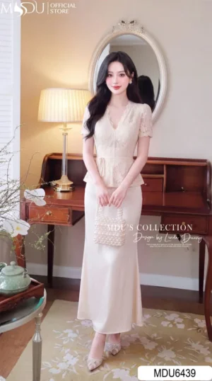Váy Thiết Kế MDU6439 Set Ren Hoa Nổi Phối Lụa Twist Satin Thanh Lịch, Nữ Tính