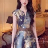 Váy Thiết Kế MDU7128 Lụa Twist Satin Hoa Xanh Navy Phối Vàng Đồng, Thanh Lịch Và Quý Phái 11 photo 2026 10 12 09 23 21 3 4 11zon Mdu Fashion