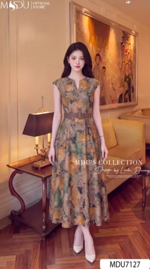 Alternative view of Váy Thiết Kế MDU7127 Lụa Twist Satin Họa Tiết Hoa Xanh Rêu – Nâu Trầm, Sang Trọng Và Quý Phái