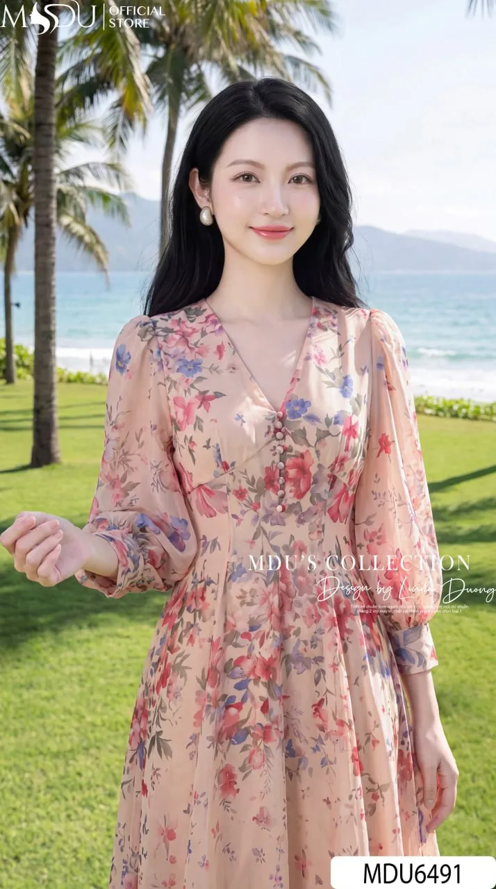 Váy Thiết Kế MDU6491 – Tơ Óng Hàn Hoa Đa Sắc, Cổ V Phối Cúc Bọc Thanh Lịch 5 Váy Thiết Kế MDU6491 – Tơ Óng Hàn Hoa Đa Sắc, Cổ V Phối Cúc Bọc Thanh Lịch - Ảnh 3