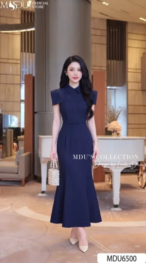 Váy Thiết Kế MDU6500 – Gold Nhật Xanh Navy, Dáng Đuôi Cá Phối Đai Liền Eo