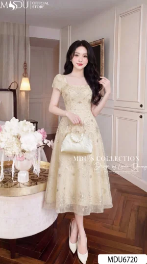 Váy Thiết Kế MDU6720 – Tuyn Thêu Họa Tiết Màu Kem, Dáng Xòe Công Chúa Duyên Dáng